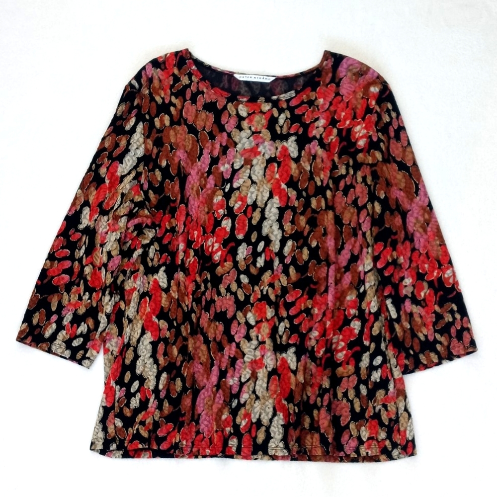 Peter Nygård Women's Black w Pink Floral Gold Metallic Trim 3/4 Sleeve Blouse L